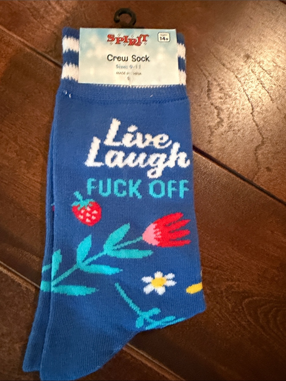 Spirit Blue Crew Socks with Floral, Strawberry & Teal Accents
